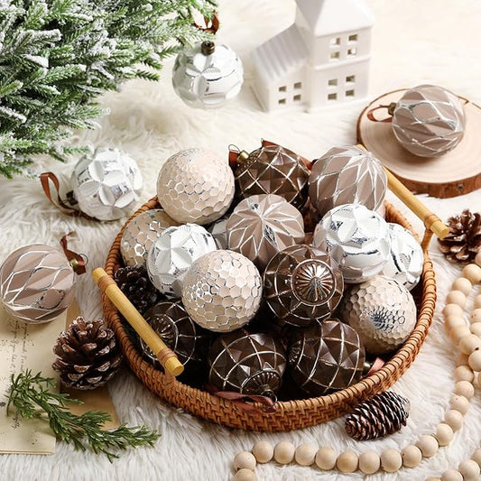 Syhood 24 Pcs Neutral Textured Christmas Ball Ornaments 2.4 Inch Vintage Xmas Tree Decorations Rustic Distressed Xmas Baubles Antique Farmhouse Modern Christmas Decor for Tree Home (Earth Tones)