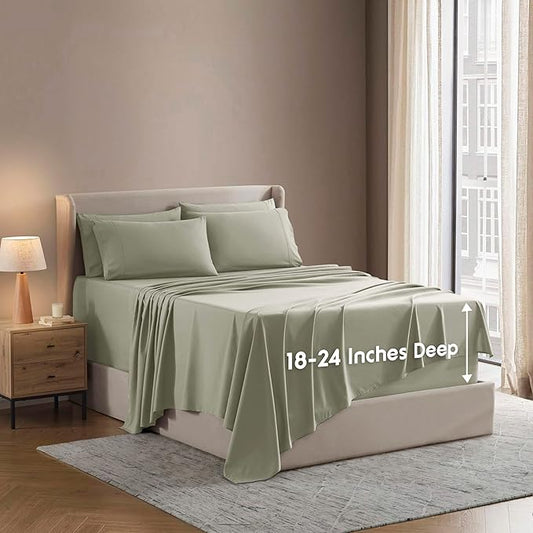 Nestl Extra Deep Full Sheet Set - 6 Piece Breathable & Cooling Sheets - Hotel Luxury Bedding Set w/18-24 Inch Deep Pockets - Easy & Secure Fit - Super Soft, Wrinkle Free & Comfy - Light Sage