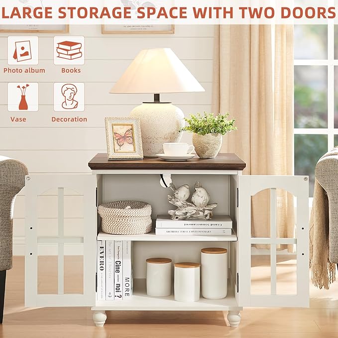Farmhouse 24" End Table Set of 2 with Charging Station, Large Sofa Side Table with Glass Barn Door,Wood Night Stand with Adjustable Storage Shelf,Square Bedside Table for Living Room,Bedroom