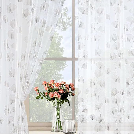 Silver Foil Print Sheer Curtains 96 inches Long, 2 Panels Ginkgo Bronzing Treatment Sheer Curtain, Rod Pocket Window Treatment Panels for Bedroom Living Room