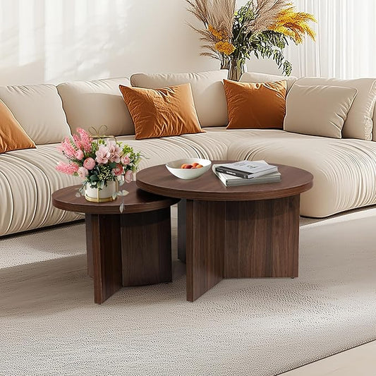 Round Nesting Coffee Tables Set of 2, Modern Stacking Table with Wood Grain Finish, End Table Side Tables for Living Room (Walnut)