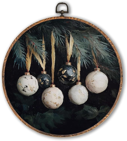 Hxlac Vintage Christmas Bauble Ball Round Wall Art Framed, Dark Rustic Winter Round Wall Decor, Cottagecore Winter Hanging Canvas Prints Wall Sculptures for Home Bedroom Living Room Decor, 10x10 Inch