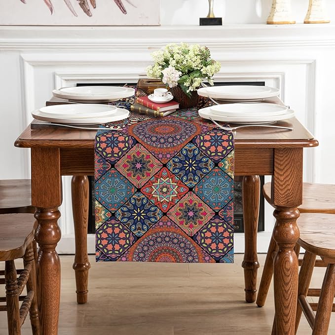 Boho Bohemian Table Runner 36 Inches Long, Vintage Seasonal Dresser Scarf for Party Kitchen Dining Coffee Table Bedroom Indoor Outdoor, Machine Washable (Bohemian A, 13” x 36”)