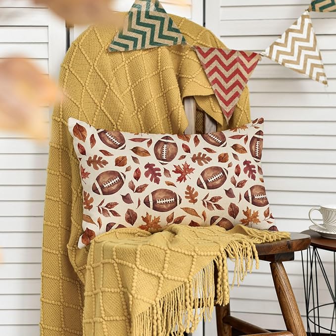 AVOIN colorlife Fall Football Maple Leaves Throw Pillow Cover 12x20 Inch, Seasonal Autumn Thanksgiving Harvest Cushion Case Decoration for Sofa Couch