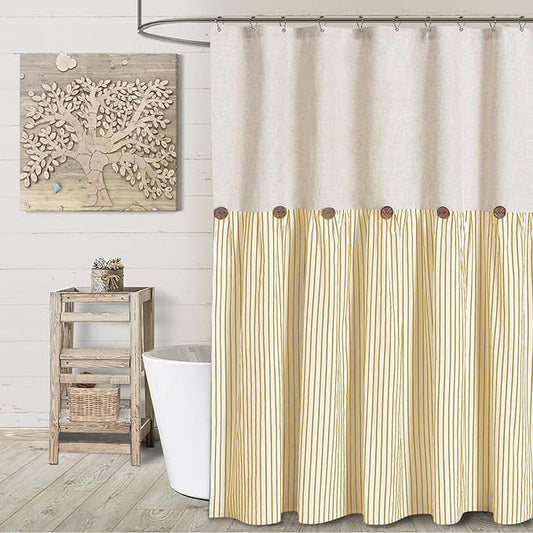 Awellife Farmhouse Yellow Shower Curtain Button Linen Textured Woven Fabric,Pleated Yellow Stripe,Country Style,72x72 Inch