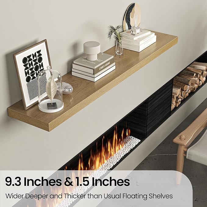 Floating Shelves for Wall, 72"W x 9.3"D x 1.5"H, Long Wooden Wall Mounted Display Shelves with Invisible Brackets for Living Room, Bedroom, Bathroom, Kitchen Decor and Storage, Set of 1, Oak