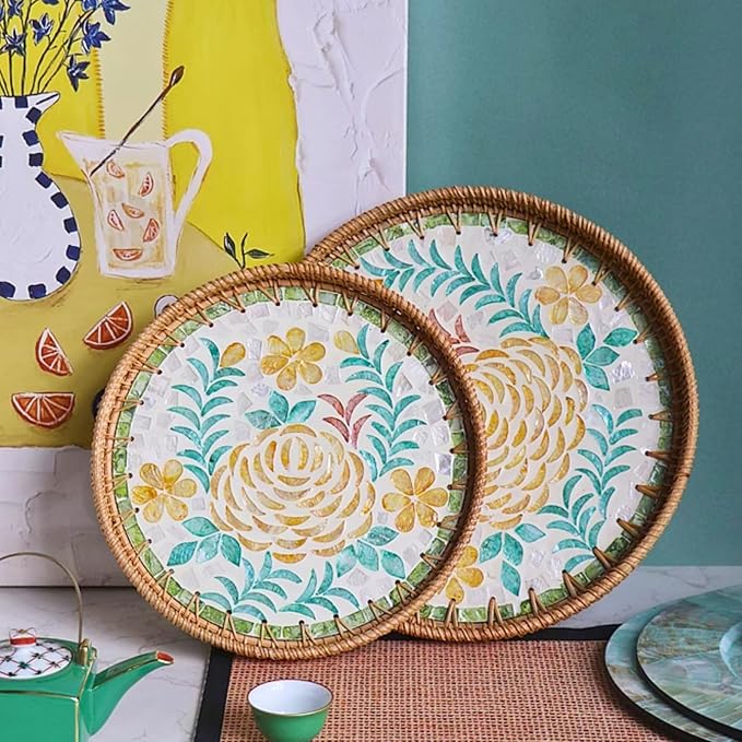 Rattan Serving Tray with Mother of Pearl, Round Coffee Table Tray Decor, Boho Decorative Round Hand-Woven Wicker Home Decor (Peony Flower, 12 inch)