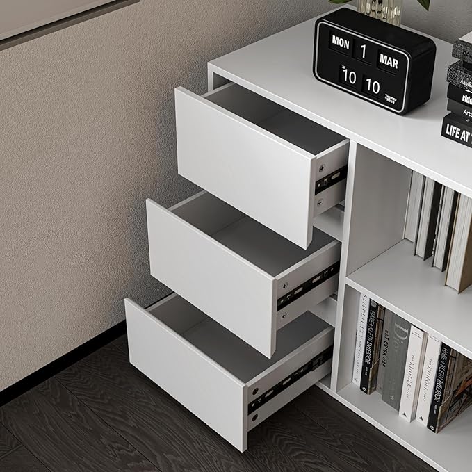 L Shape Computer Desk with 3 Drawers and 2 Shelves, Home Office Desk Corner Small Desk with Storage Cabinet for Writing Study Executive – White