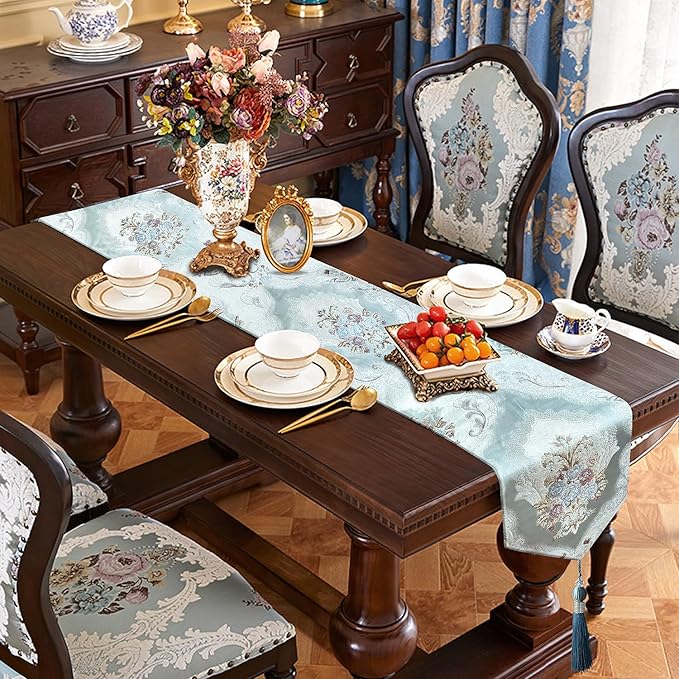 HeMiaor Luxurious Table Runners 98 inches Chenille Jacquard Fabric with Exquisite Hanging Ear Tassels Decoration for Wedding Decor Light Blue