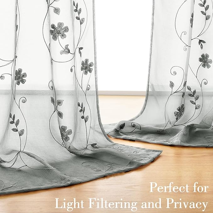HOMEIDEAS Grey Sheer Curtains 84 Inches Long 2 Panels Embroidered Floral Pattern Semi Sheer Window Curtains for Bedroom Living Room
