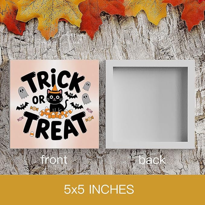 HTBIG Halloween Decor, Trick or Treat Signs Halloween Desk Black Cat Decor, Ghost Sign Home Office Desk Shelf Cubicle 5 x 5 inch