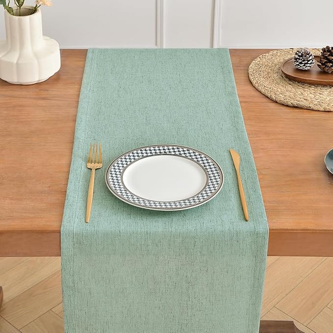 Wracra Linen Style Table Runner, Rustic Farmhouse Christmas Red Table Runners 48 Inches Long, Handcrafted Table Runner for Fall, Winter - Everyday Use and Machine Washable, Light Green 48"