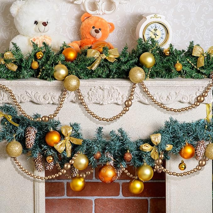 12 Feet Christmas Wooden Beads Garland Round Craft Farmhouse Vintage Wood Bead Garlands for Xmas Decoration Supplies(Gold)