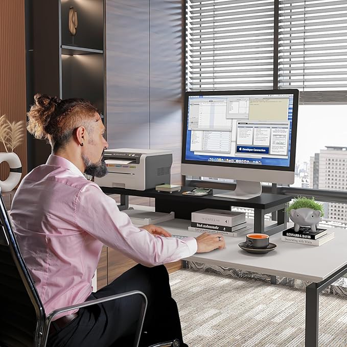 WESTREE Dual Monitor Stand Riser, Wood and Steel Monitor Stand Riser, Computer Monitor Stand for 2 Monitors, Multi-Purpose Desktop Storage Stand for Computer,Laptop,Printer,TV