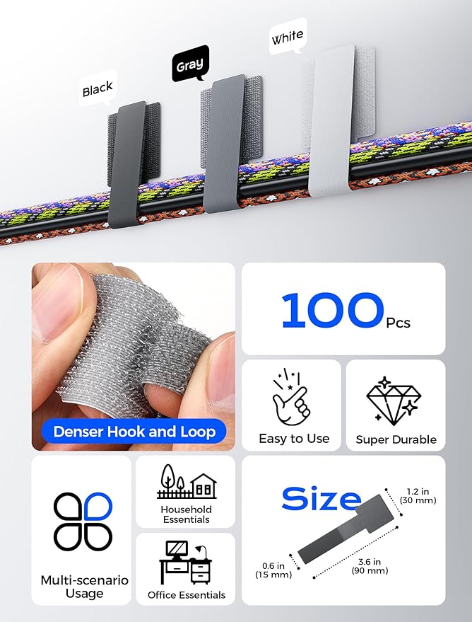 100pcs Hook and Loop Cable Ties, Adhesive Wire Management, Adjustable Cable Straps Cord Wrappers Keeper Cord Holder, Sticky-Back Cord Organizer for Kitchen Appliances at Office, Home - Grey