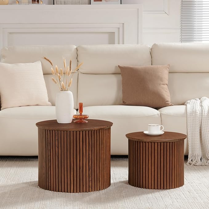 Small Fluted Round Nesting Coffee Table Set of 2, Mid Century Modern Coffee Table Circle Side Table, Wood Nesting Table Farmhouse End Tables Set for Living Room, Bedroom, Small Spaces(Walnut
