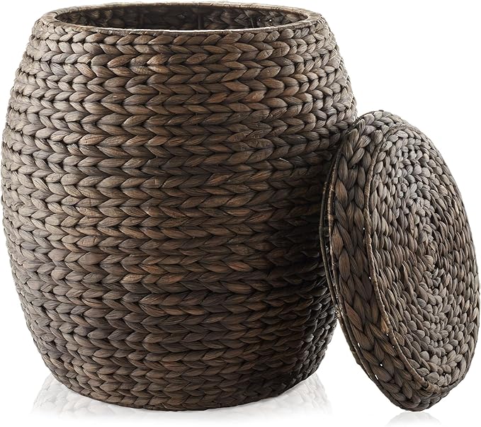 Casafield Round Storage Basket with Lid - Espresso, Handwoven Water Hyacinth Organizer for Laundry, Blankets, Plants, Bedroom, Living Room, Home Office