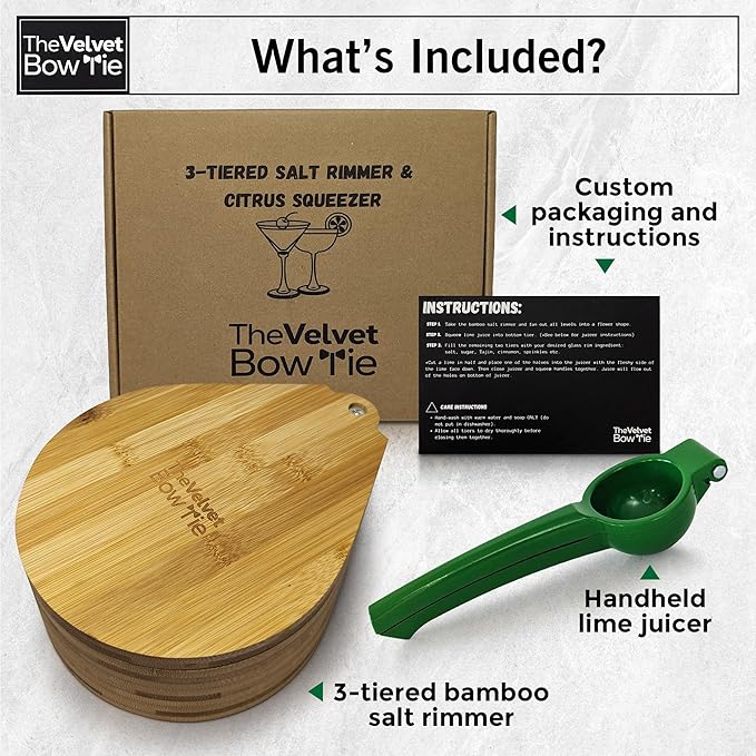 | Margarita Salt Rimmer Set | 3 Tiered Bamboo Glass Rimmer | Handheld Citrus Juicer | Sugar and Salt Rimmer for Cocktails | Cocktail Accessories for Drinks