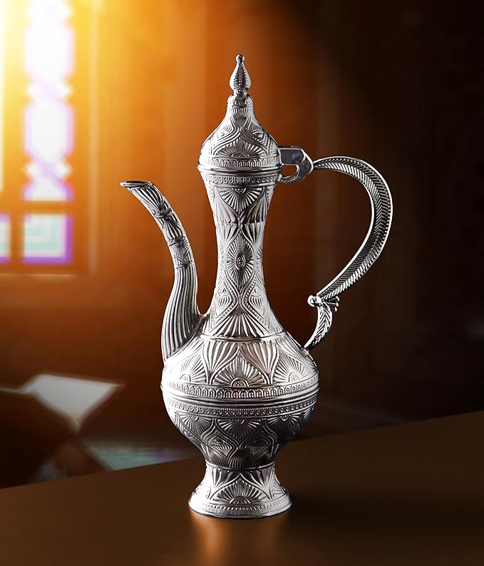 Alisveristime Small Decorative Zamac Ewer – Miniature Ottoman-Inspired Ornate Pitcher with Lid for Home Décor (8.27” x 4.72” x 2.76”) (Silver)