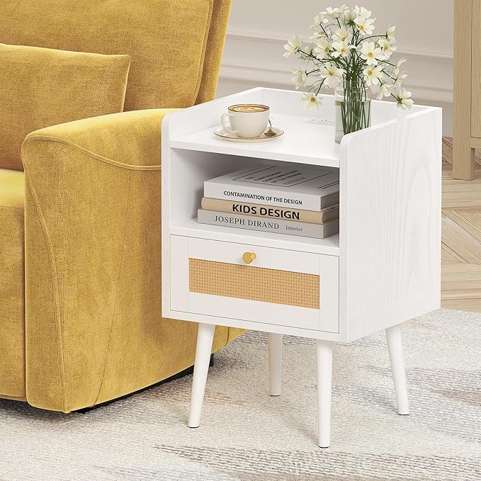 Night stand Set of 2, Bedside Tables with Charging Station, Rattan End Tables, Boho Bed Side Tables, Wood Nightstands set of 2 for Kids' Room Farmhouse Bedroom Living Room Dorm Sofa Couch (black)