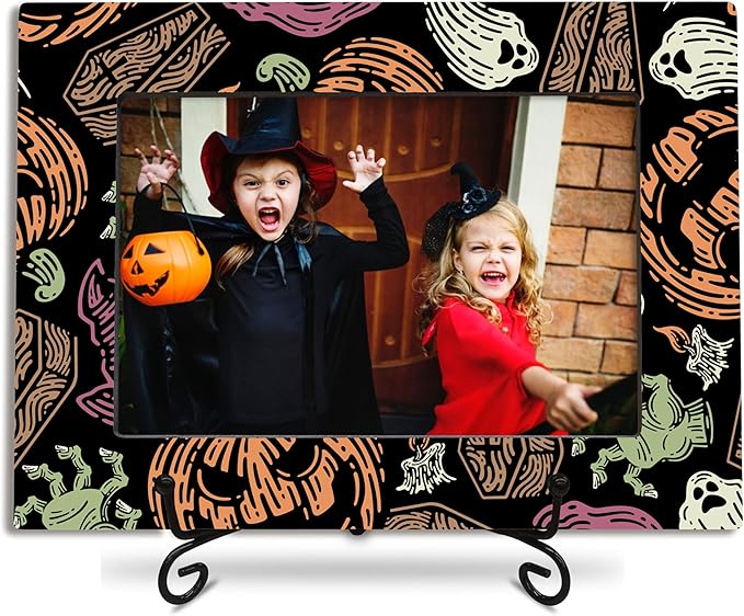 4X6 Halloween Picture Frame With A Metal Stand-Dark Style, Horrible Enchanted Pumpkin Ghost Wooden Photo Frame For Tabletop Display- Gifts for Kids Friends Family, Halloween Theme- A29