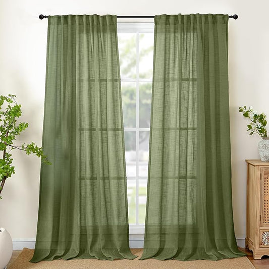 YoungsTex Olive Green Linen Curtains 90 Inch Length for Living Room - Light Filtering Textured Semi Sheer Drapes with Back Tab Rod Pocket Lightweight for Dining Bedroom, 2 Panels, 52 X 90 Inch