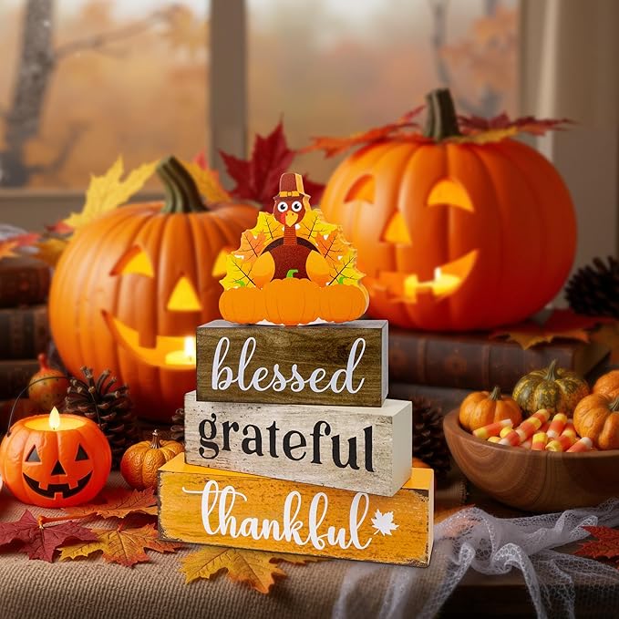 4 Pcs Thanksgiving Wooden Tiered Tray Decor, Blessed Grateful Thankful Decorations Gifts for Home, Fall Table Centerpiece for Fall Party Kitchen