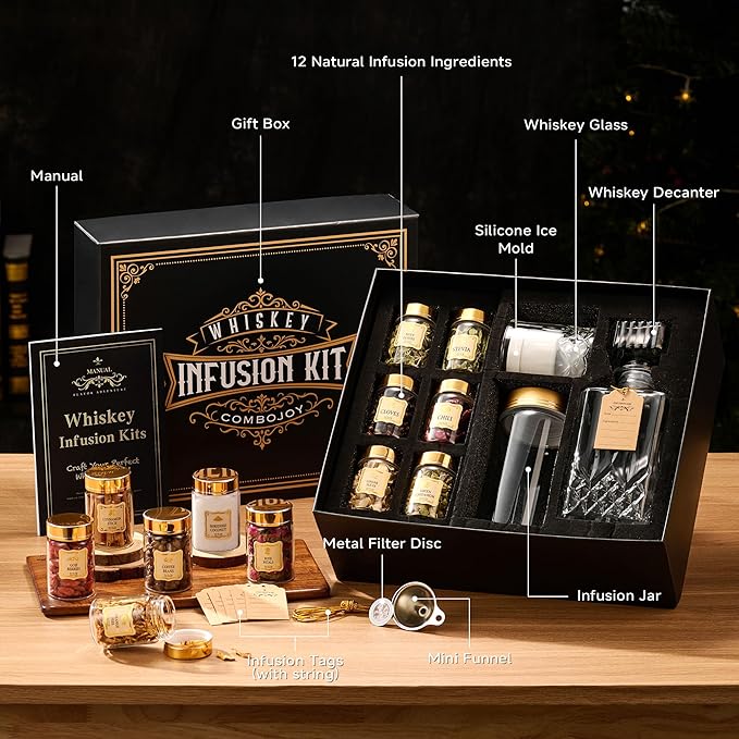 Whiskey Infusion Kit Gifts for Men – 12 Natural Ingredients, Decanter, Infusion Jar, Glass, Ice Mold – DIY Whiskey, Bourbon, Rum & Cocktail Infusion Set for Him, Dad, Husband