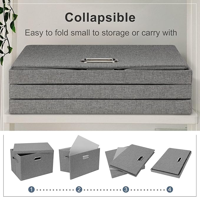 Large 17" 36 Quart Collapsible Stackable Storage Bins with Lids, 1 Pack Grey Foldable Fabric Closet Storage Boxes with Lids, 4 Handles Heavy-duty Linen Cube Baskets for Bedroom