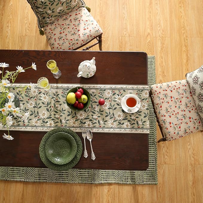 ISAENNE Designer Green Elegant Linen Extra Long Table Runner 118 Inches,Flower and Leaves Pattern Wrinkle Resistant Table Runners for Dining Tables,Thanksgiving,Kitchen Tables,Christmas,12"*118"-Brune