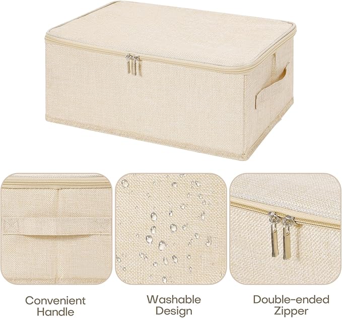 ANMINY 3PCS Storage Bins with Zipper Lids 13 Qt Lidded Fabric Storage Boxes Baskets Cubes with Handles Collapsible Washable Cotton Linen Closet Shelf Clothes Organizer Containers - Beige, Small