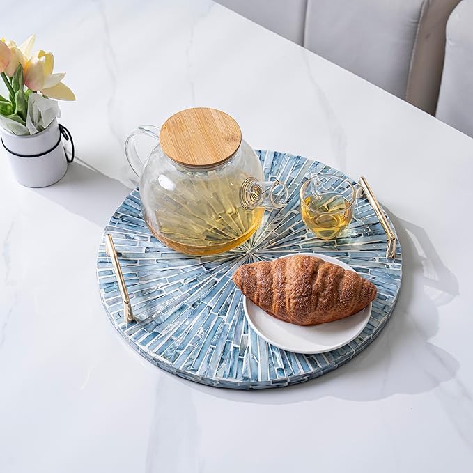 PEMAR Mother of Pearl Decorative Tray, 13" Round Versatile Display and Serving Tray with Gold Handles, Vanity/Perfume/Trinket Catchall for Dresser, Bathroom, Vanity Table (Blue Starburst)