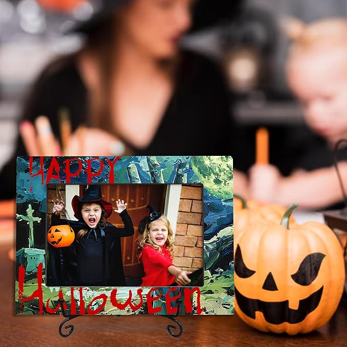 4X6 Halloween Picture Frame With A Metal Stand-Dark Style, Moon Night Scary Cemetery Wooden Photo Frame For Tabletop Display- Gifts for Kids Friends Family, Halloween Theme- A30