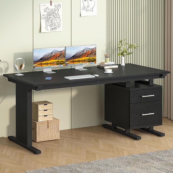 63 Inch Executive Computer Desk with Drawers, Large Office Desk with Storage, Industrial Writing Desk with File Drawer for Home Office, Black