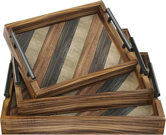 Butizone Wood Serving Tray with Handles, Rustic Ottoman Tray for Breakfast in Bed, Coffee Table, Entertaining, Home Decor, Decorative Nesting Trays, Ideal for Kitchen, Bedroom, Living Room, Set of 3