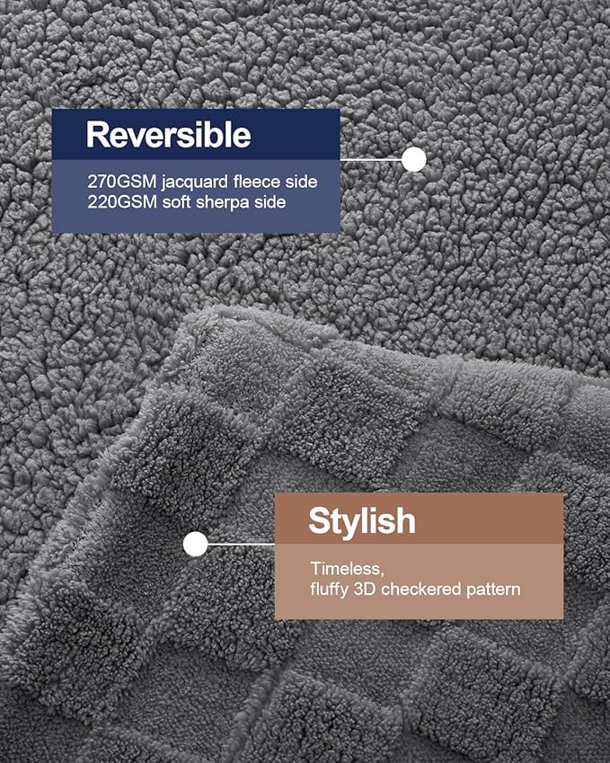 Pawque Super Soft Cozy Throw Blanket King Size for Couch Bed, Fluffy Sherpa Fleece Reversible Thick Warm Fuzzy Blanket for All-Season, 3D Checkered Jacquard Decorative Blankets, Grey, 108"x90"