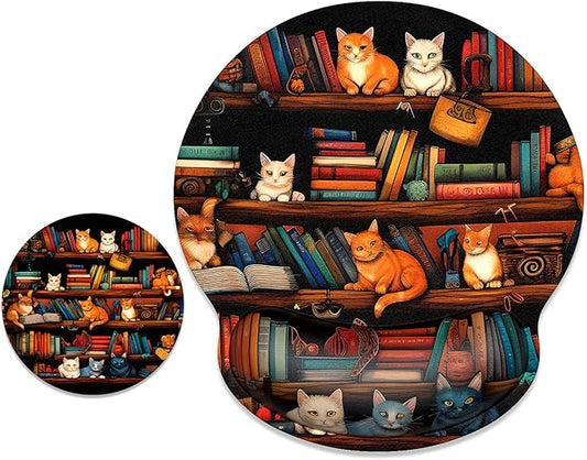 ITNRSIIET Ergonomic Mouse Pad with Wrist Support Wrist Rest Smooth Surface Non-Slip Rubber Base Comfortable Office Supplies Pain Relief, 9.8 x 9.1 inches, Cat on The Desk