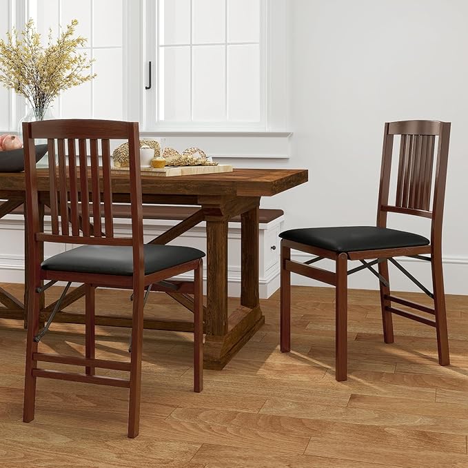 COSTWAY Folding Dining Chairs Set of 2, Wooden Kitchen Side Chairs w/Padded Seat, Solid Wood Frame, 400 LBS Load Bearing, No Assembly Needed, Vintage Foldable Chairs for Dining Room, Living Room