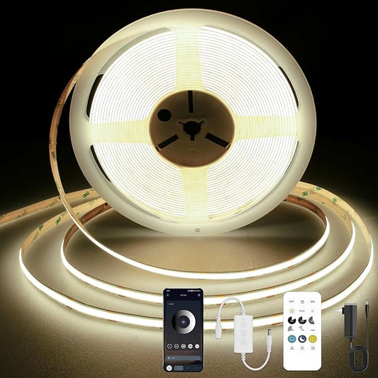 COB LED Strip Light 4000K, 24ft Dimmable Natural White LED Strip Light, CRI92+, DC24V Tape Light with RF Remote, Timer Function, Bluetooth App Control for Home Bedroom Kitchen DIY Lighting.