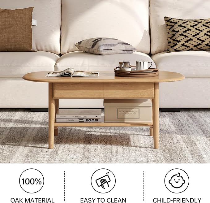 100% Solid Wood Coffee Table for Living Room, 2-Tier Coffee Table with 2 Drawers and Shelf Storage, Mid Century Modern Living Room Table for Home (Oak Natural Wood, 39.37'' W)