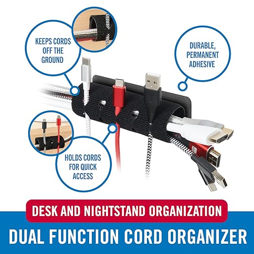 VELCRO Brand Cord Organizer for Desk & Nightstand, 5 Cable Slots with Sleeve Routing, Adhesive Wire Holder for Cord Management, Home, Workshop, Gaming & Office Essentials, Black 2 Pack