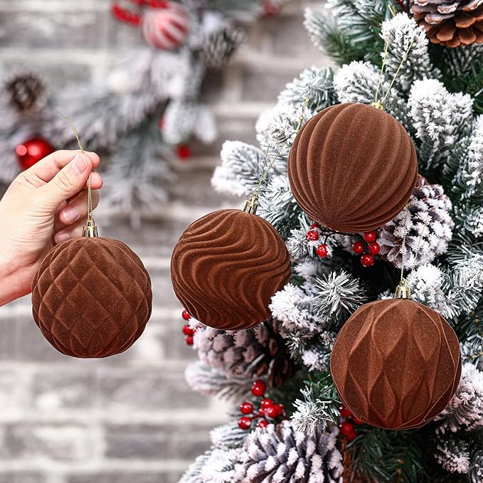 4 Pcs 4 Inch Large Velvet Christmas Ball Ornaments Vintage Christmas Plastic Ball Ornaments Flocked Tree Hanging Decoration for Xmas Party Wedding Home Decor(Brown)