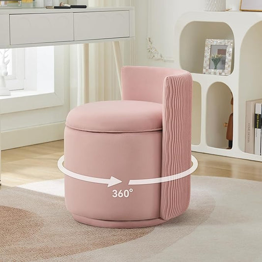 Velvet Vanity Chair with Storage, 360° Swivel Makeup Chair with Wave Back, No Assembly Small Accent Stool for Bedroom, Dressing, Living Room, Pink