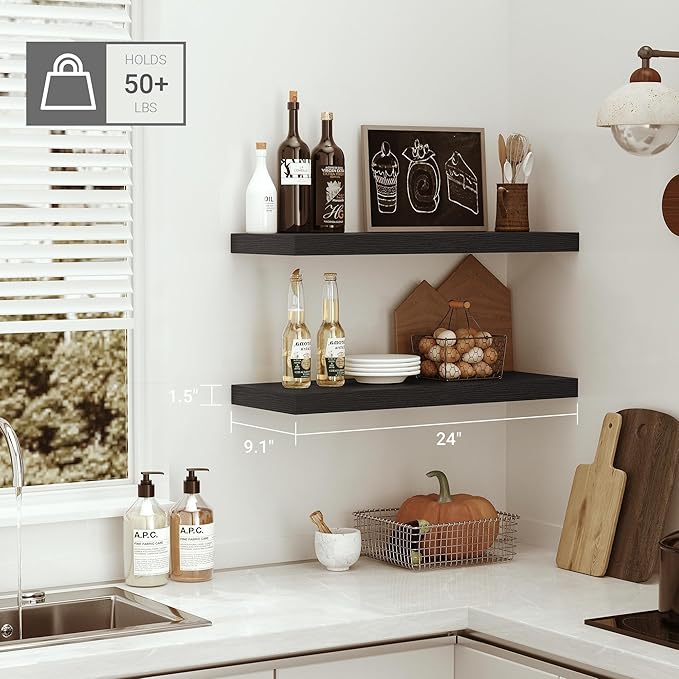 Vivelove Black Floating Shelves for Wall Mounted, 24 inchs x 9.1” Deep x 1.6” Thick Wall Shelves for Bedroom, Living Room, Bathroom，Kitchen, Office, Home Decor Shelf with Invisible Bracket - Set of 2