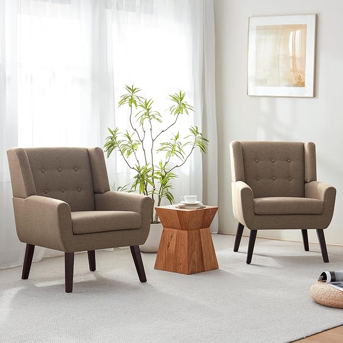 HUIMO Accent Chair, Upholstered Button Tufted Armchair, Linen Fabric Sofa Chairs for Bedroom, Living Room, Mid-Century Modern Comfy Reading Chair (2 PCS, Brown)