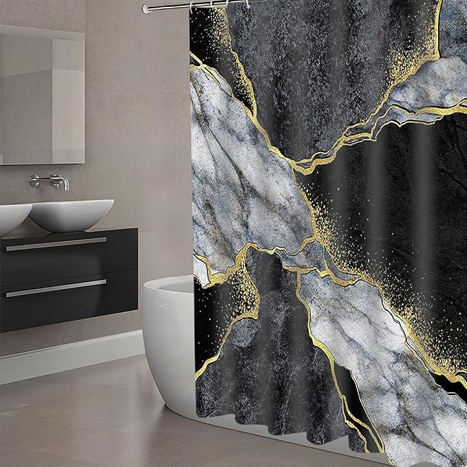 Domoku Black Gold Marble Shower Curtain, Modern Abstract Design, Waterproof Washable Fabric, 72 X 78