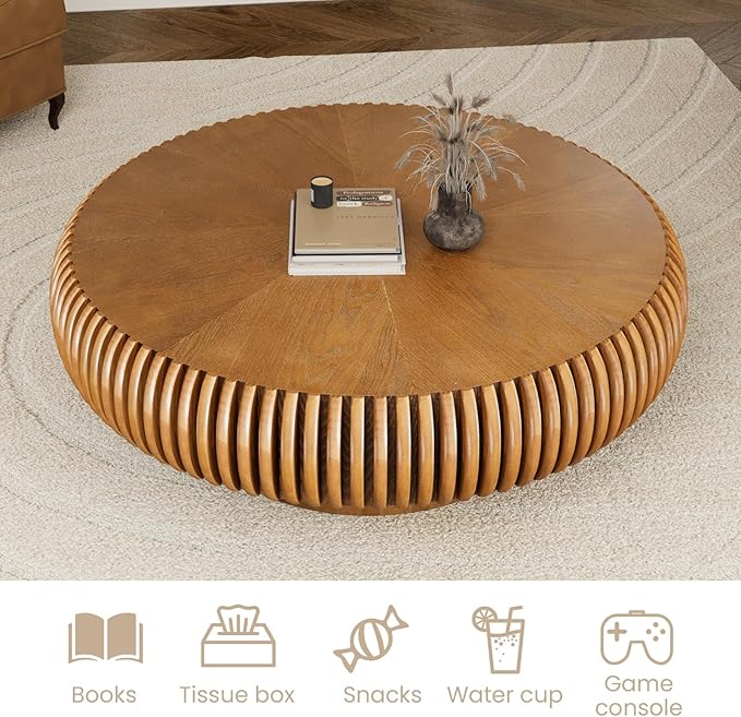 Fluted Drum Coffee Table Round Coffee Table for Living Room Mid Century Modern Coffee Tables with Sturdy Pedestal Circle Center Tea Table Accent Tea Table for Small Space Apartment (39.4inch Brown)
