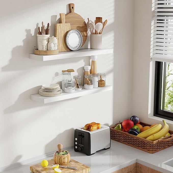 30 Inch Floating Shelves, 8 Inch Deep Floating Shelves for Wall, Hanging Shelf with Invisible Brackets, Deep Shelves for Bathroom, Bedroom, Living Room, White, Set of 2