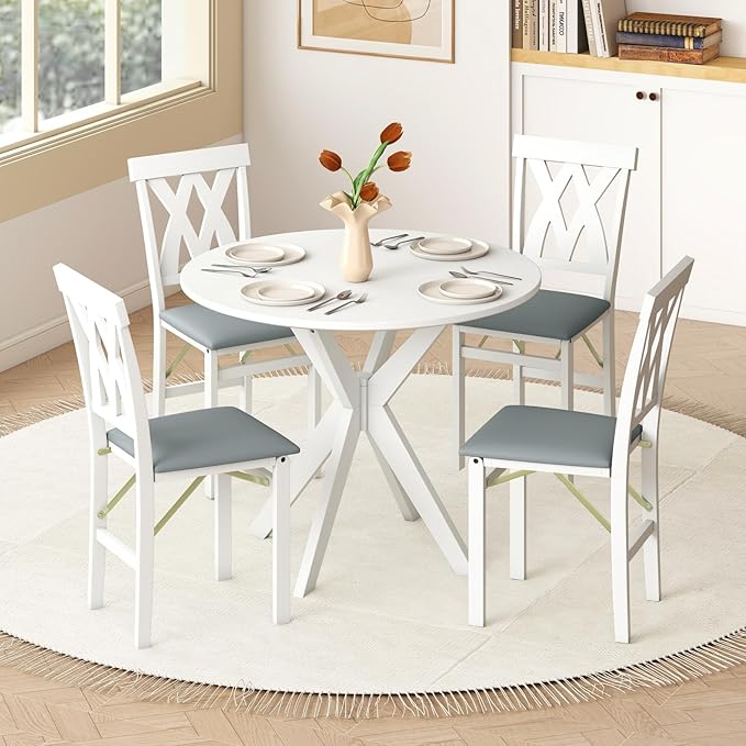GOFLAME Folding Dining Chairs Set of 2, Foldable Kitchen Chairs with PVC Leather Padded Seat and Rubber Wood Frame, Elegant Hollowed Backrest, Wooden Dinner Chair Set for Dining Room, White