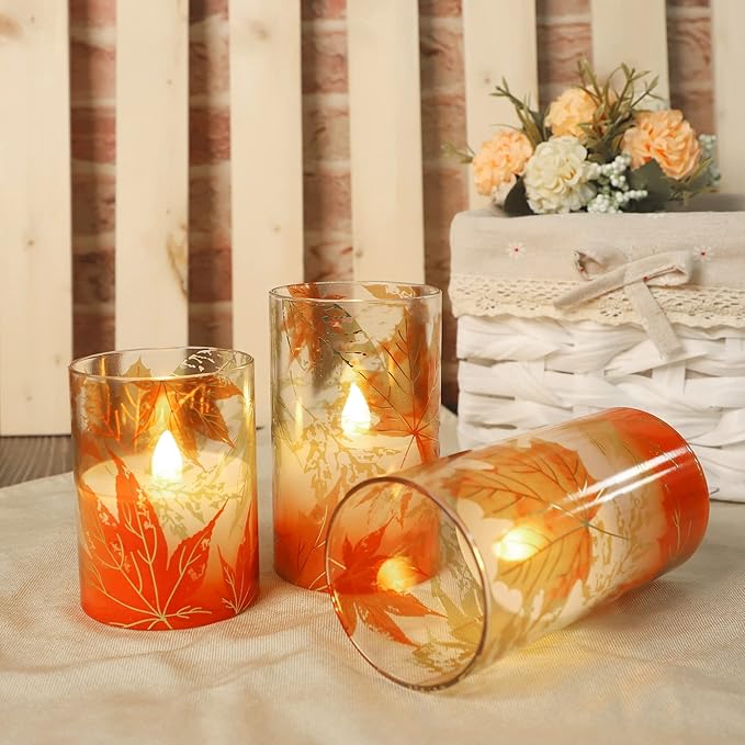 Fall Flameless Candles with Remote Timer Thanksgiving Gift Battery Operated LED Realistic Wax Glass Candles Gold-Red Maple Leaves Decor for Bedroom Home Table Ornament